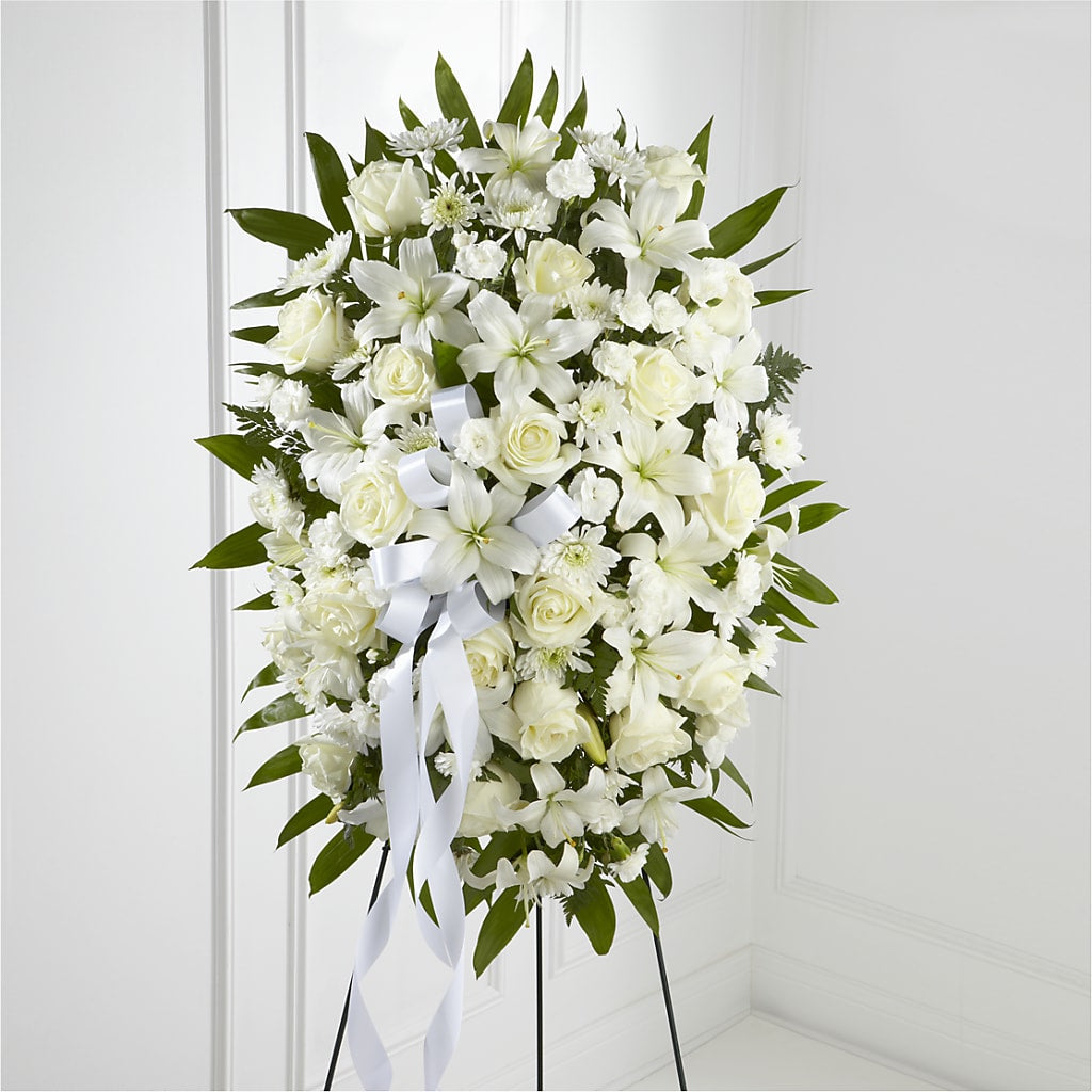 Exquisite Tribute Standing Spray-White Ribbon – United Market Street, Lubbock TX