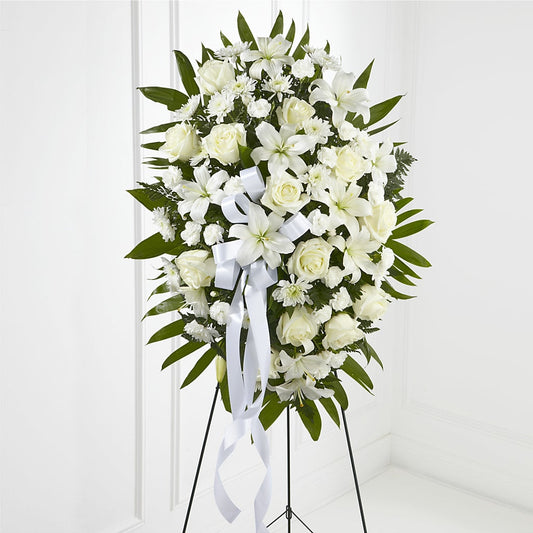 Exquisite Tribute Standing Spray-White Ribbon – United Market Street, Lubbock TX