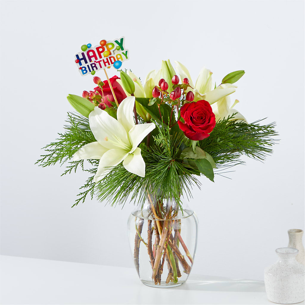 Evergreen Delight Bouquet & Happy Birthday Topper – United Market Street, Lubbock TX