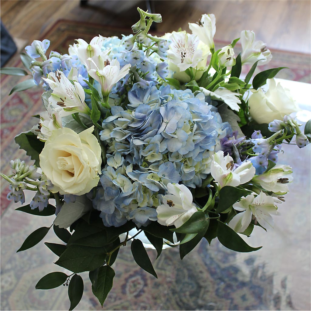 Clear Skies Bouquet – blue, white flower arrangement | Lubbock, TX